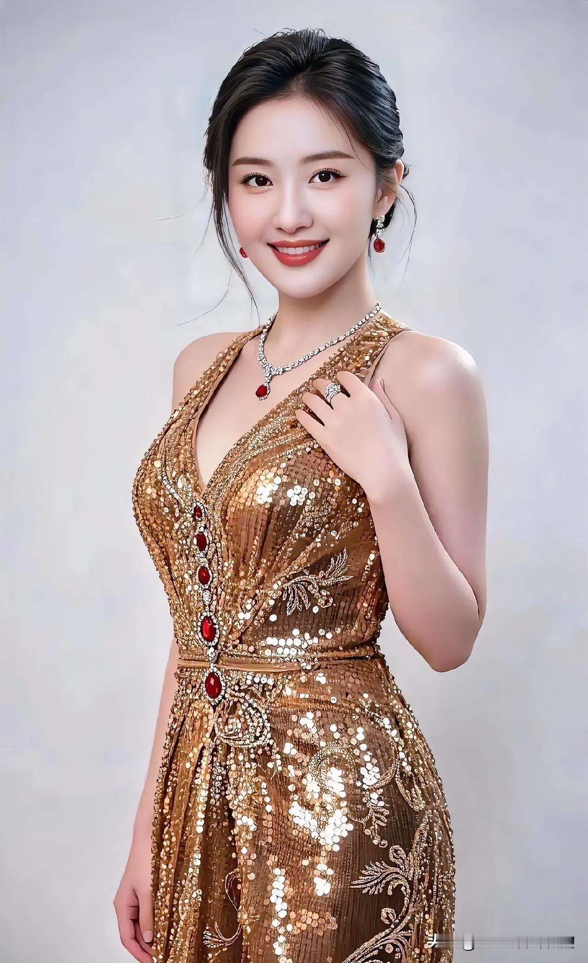 金棕礼服流光溢彩，红宝石点缀优雅颈间，笑容明媚温婉，尽显高贵华美气质。
