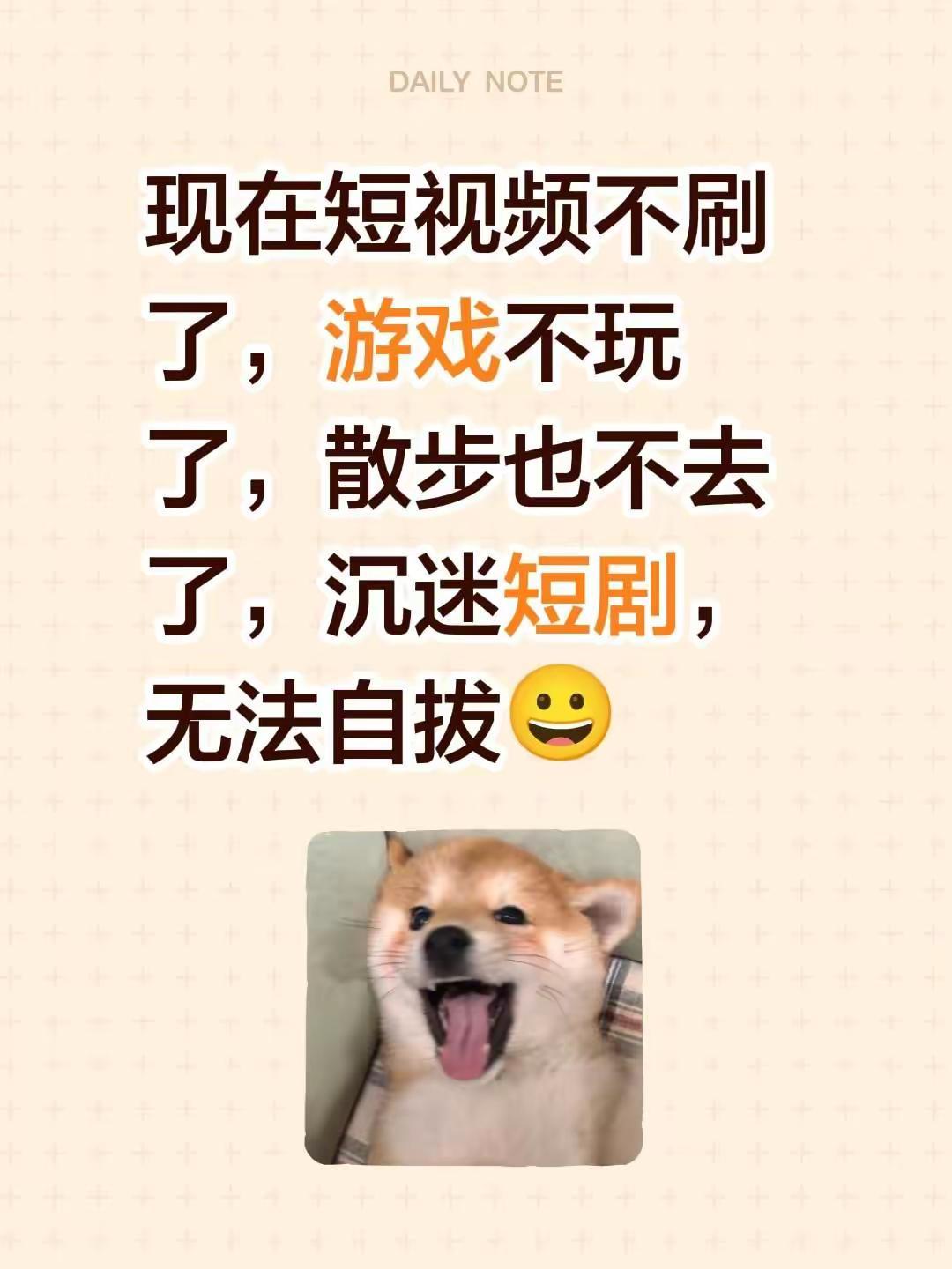 现在短视频不刷了，游戏不玩了，散步也不去了，沉迷短剧，无法自拔😀