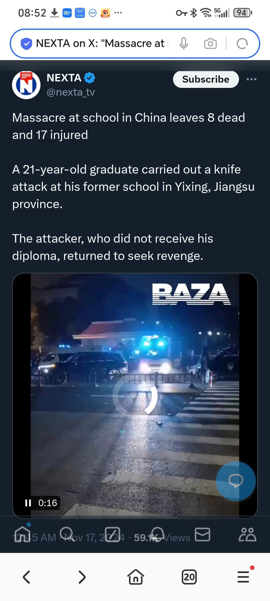 NEXTA报道学生持刀杀人案——原文翻译：中国校园屠杀造成 8 死 17 伤 —