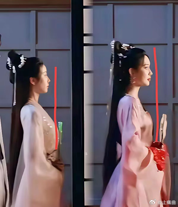 对比图显真章，孟子义身姿自然舒展，刘诗诗仪态稍欠，颈部与身姿协调度欠佳，美感略打