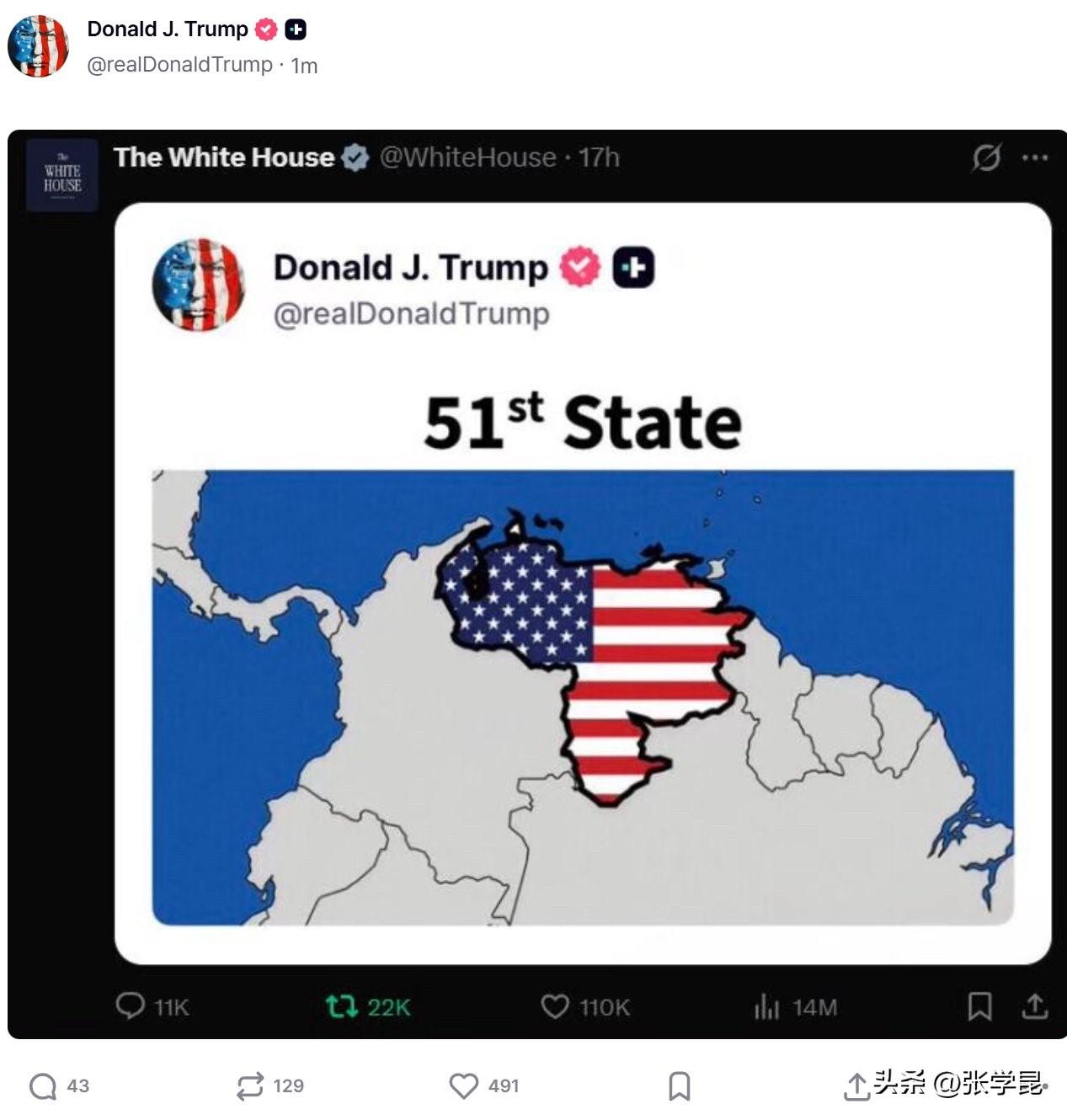 特朗普17日又把那张委内瑞拉变成美国第51州的图转发了一遍

评几句：委内瑞拉坐