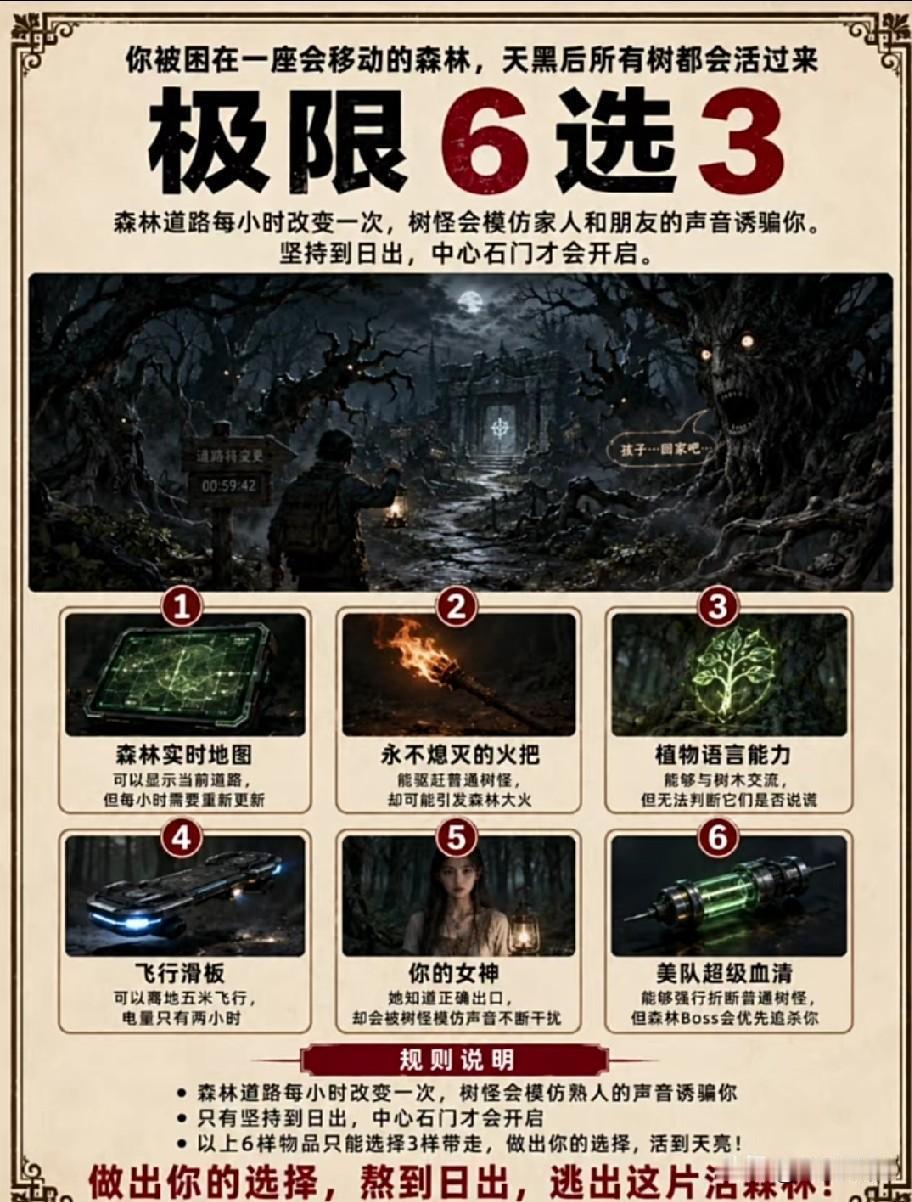 假如你被困在一座会移动的森林里。
天黑后所有的树都会活过来，森林道路每小时改变一