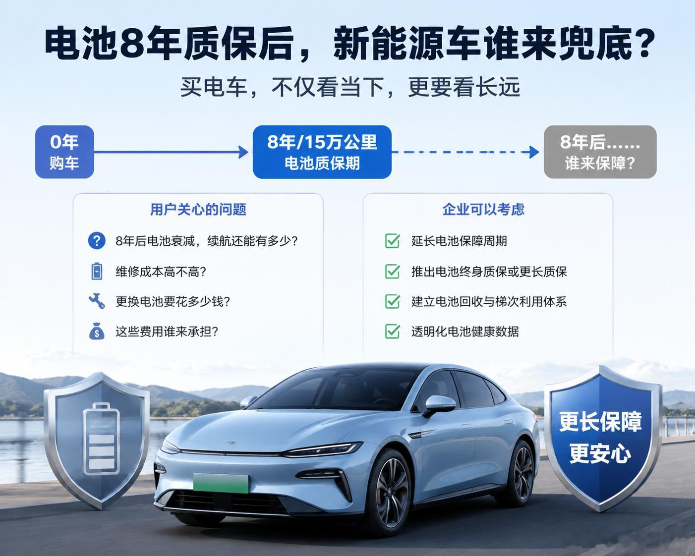 现在国内新能源车企给的电池质保方案大多都是8年15万公里，很多用户就关心车开8年