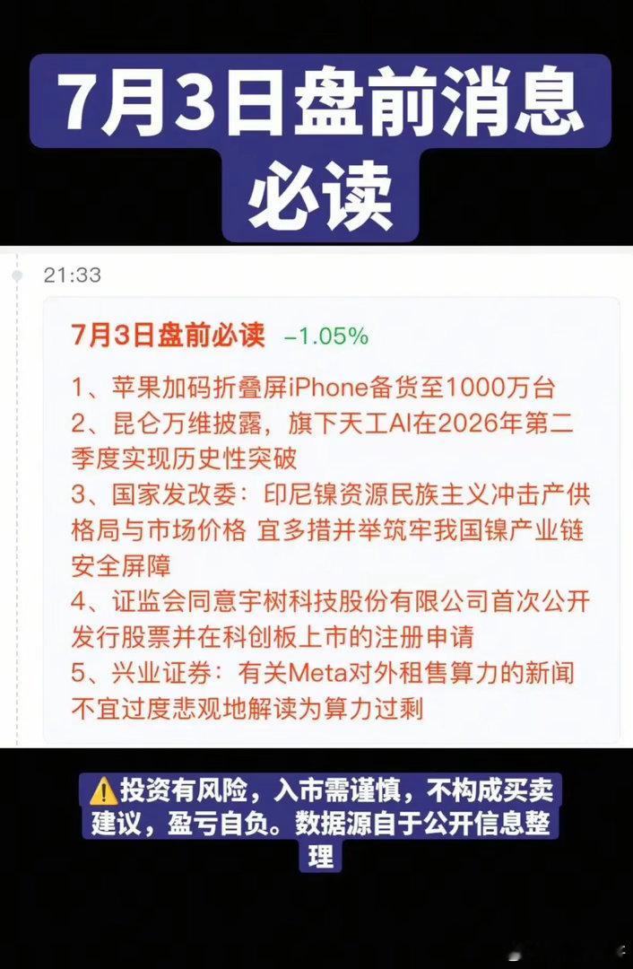 7.03周五  财经热点信息参考！1.苹果折叠屏2.应用AI3.金属镍4.宇树机
