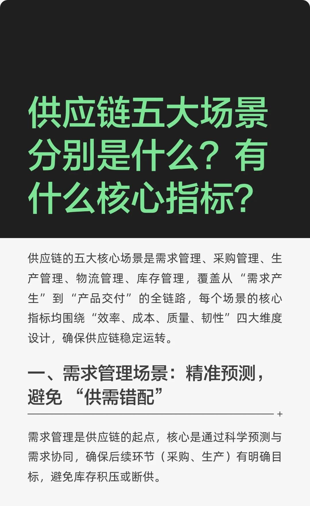 供应链五大场景核心指标分别是什么？
供应链的五大核心场景是需求管理、采购管理、生