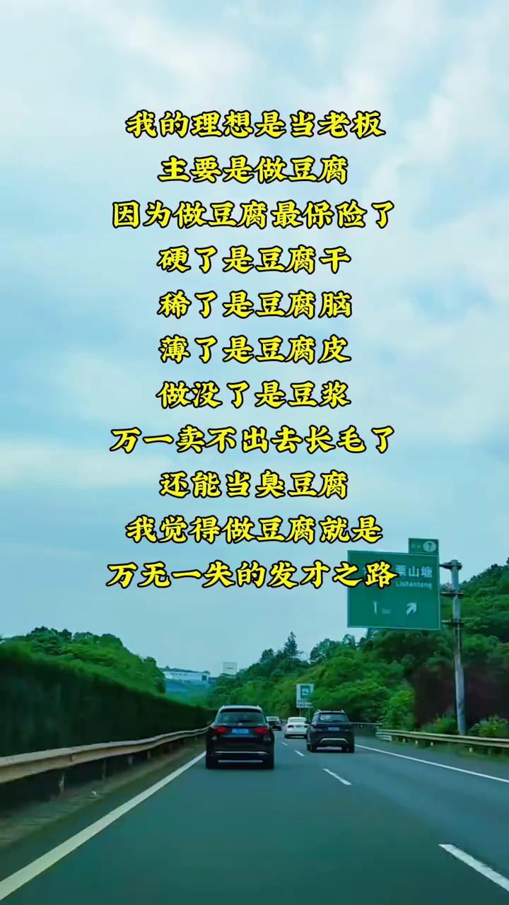 我的理想是当老板，主要是做豆腐，因为做豆腐最保险了。硬了是豆腐干，稀了是豆腐脑，