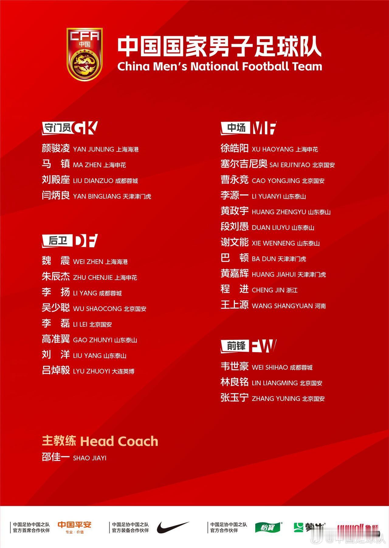 邵佳一首期国足名单出炉：韦世豪张玉宁领衔，4新人入选，新老搭配剑指亚洲杯
 
2