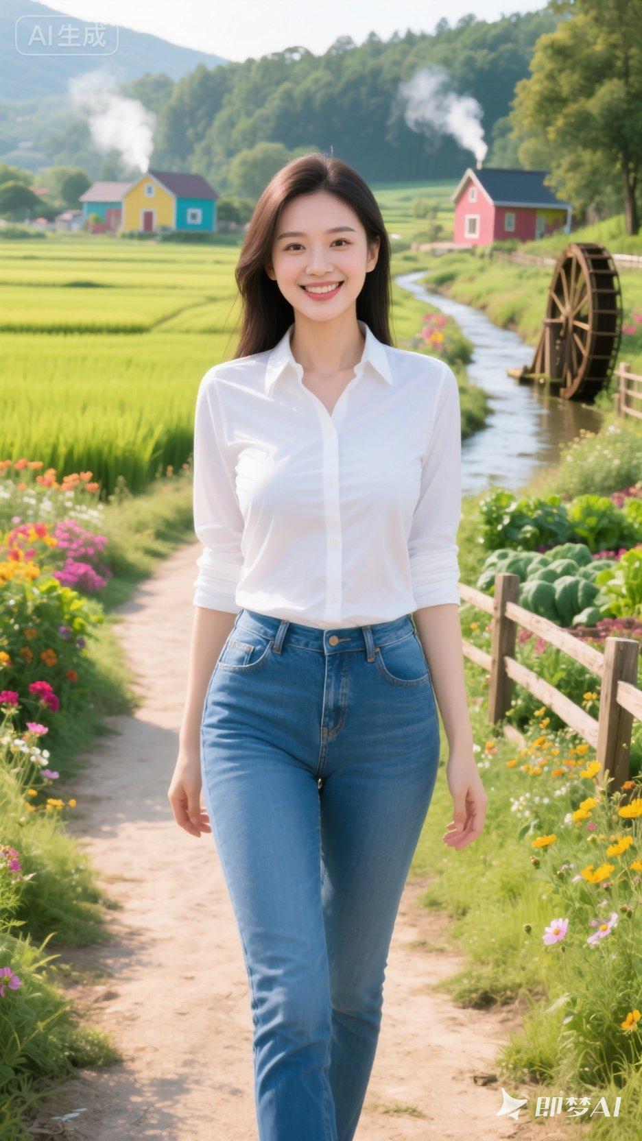 她走在乡间小路上，笑容甜美。