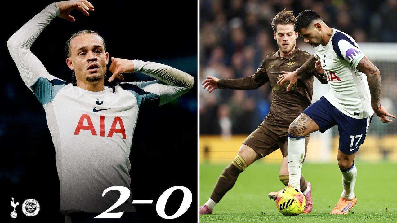 英超：热刺主场2-0击败布伦特福德，取得近6轮首胜。
里沙利松破门，西蒙斯打入热