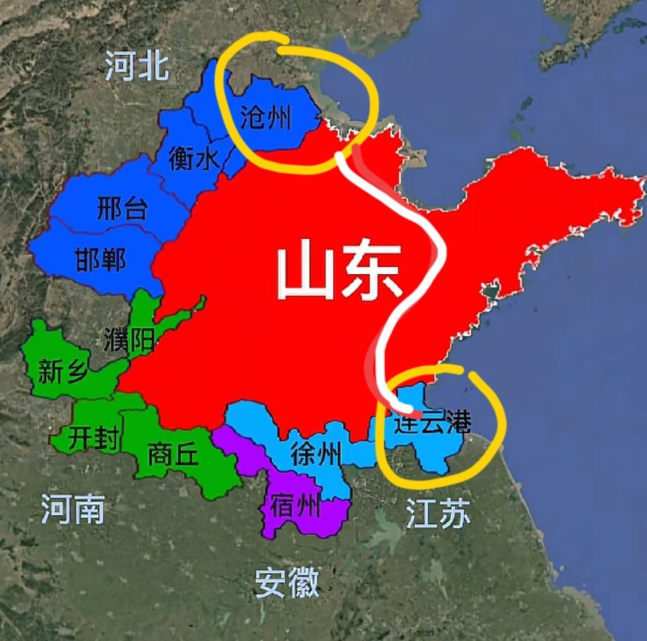 原来连云港和沧州之间正好隔了一个山东省，地图真是有意思，连云港属于江苏省，靠近大