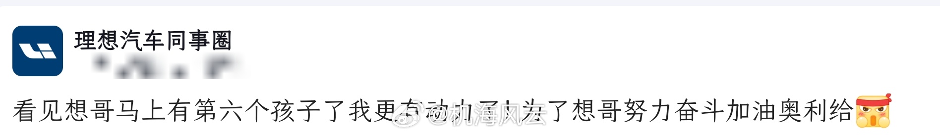 曝理想CEO李想将迎来第六娃“看见想哥马上有第六个孩子了我更有动力了！为了想哥努