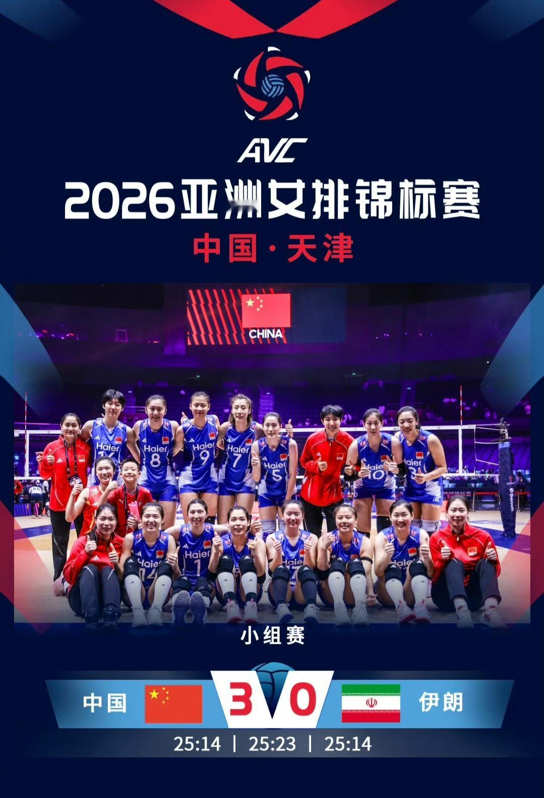 25-14、25-23、25-14，中国女排直落三局零封伊朗，和日本、泰国一起提