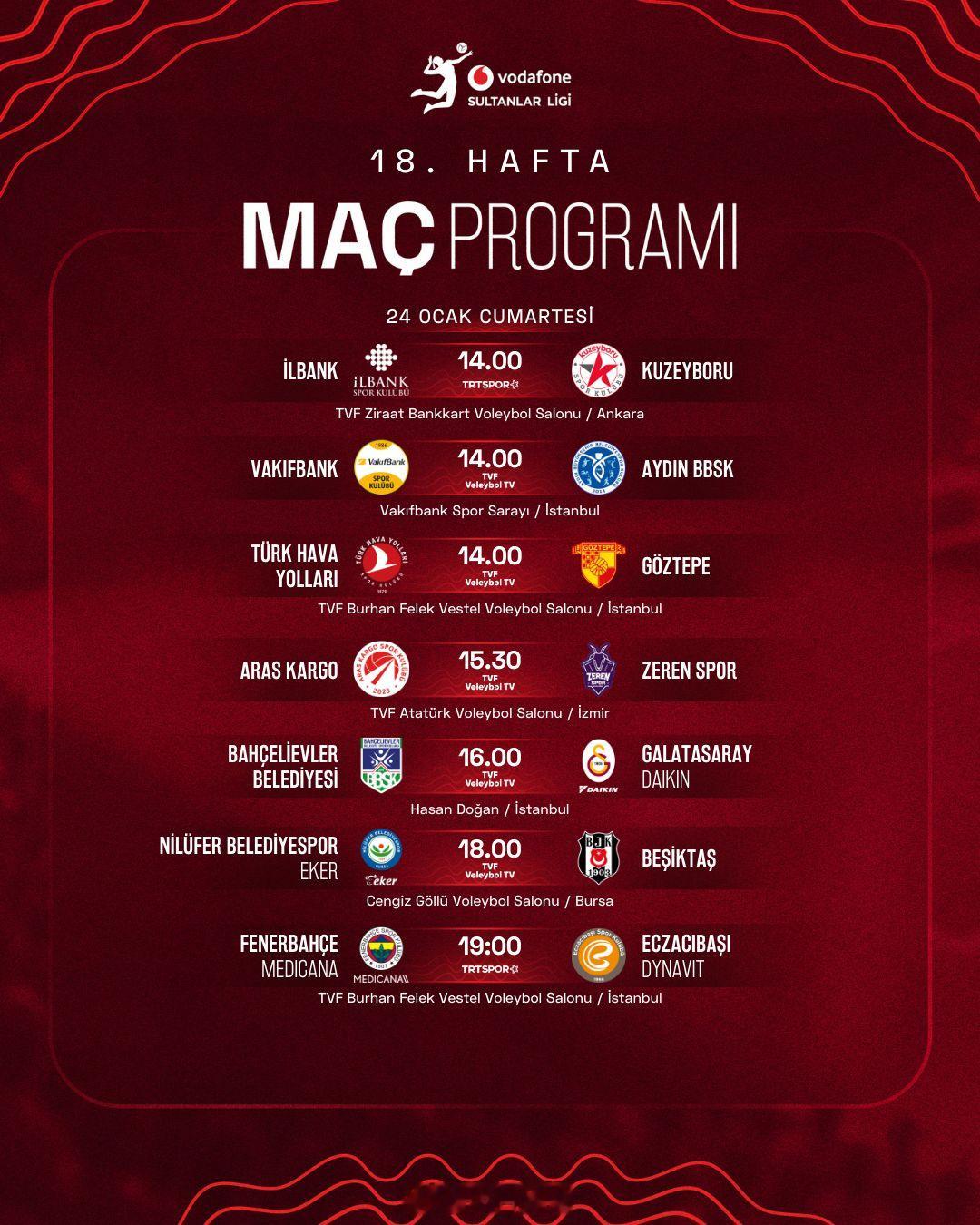 2025-2026女排土超 常规赛第18轮的比赛今天举行，具体的竞赛日程如图。图