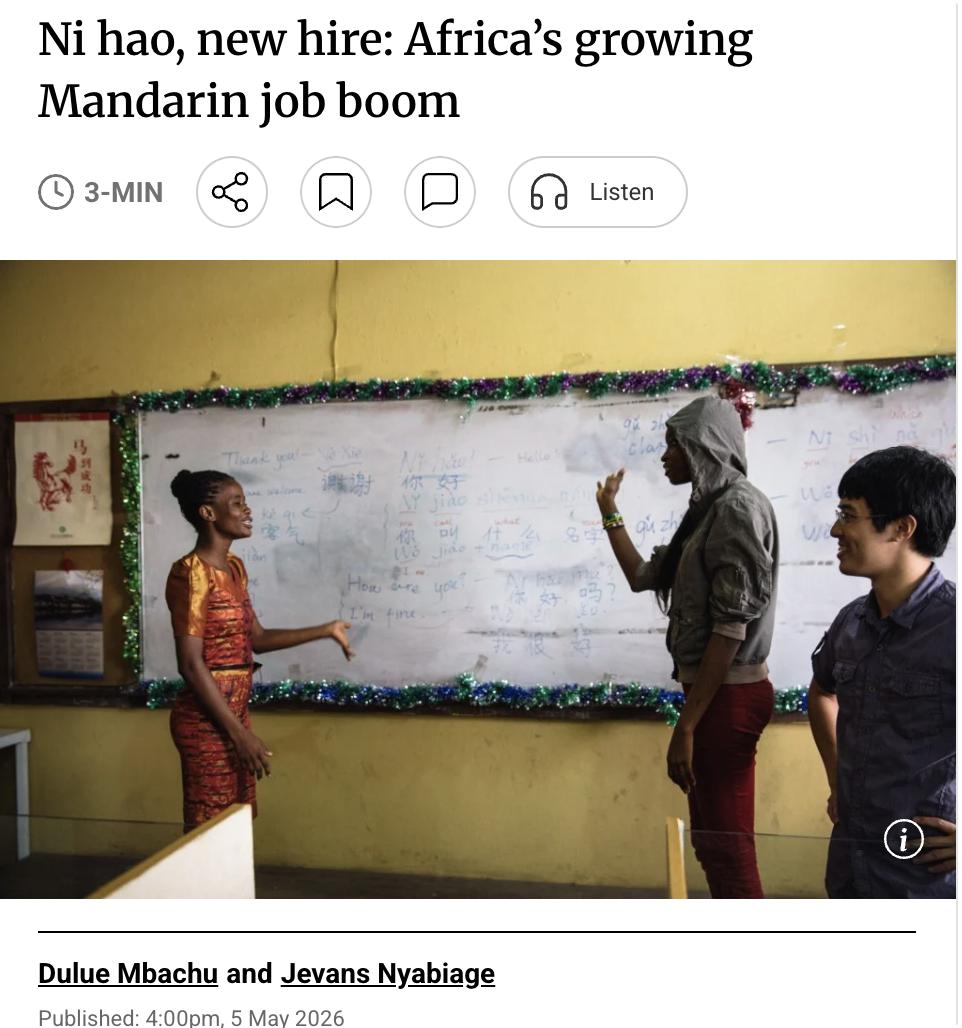 外媒：随着中国在非洲经济影响力持续扩大，当地懂中文的人才迎来就业热潮。过去中国企