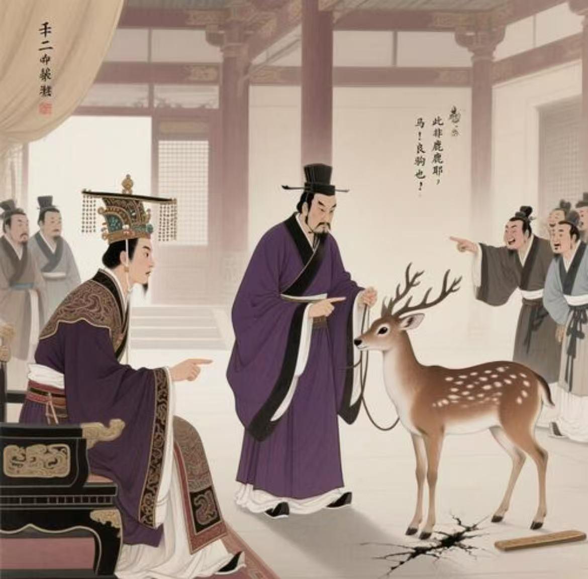 赵高指鹿为马，不是为了测试大臣，是他早就想篡夺皇位。

秦始皇在第五次巡游途中突