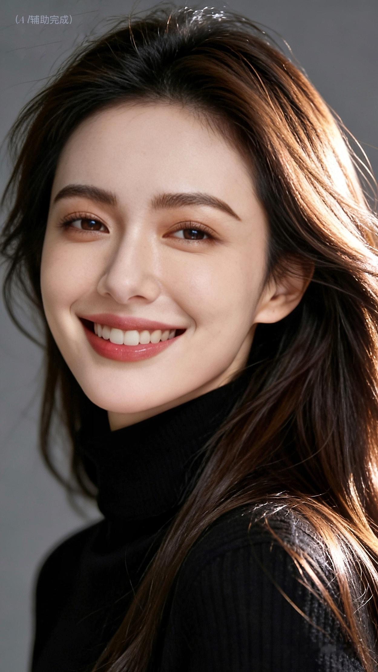 一袭黑衫衬出身姿优雅，长发光泽如瀑，笑意似暖光轻落眉眼。眉眼舒展间，温柔与自信交