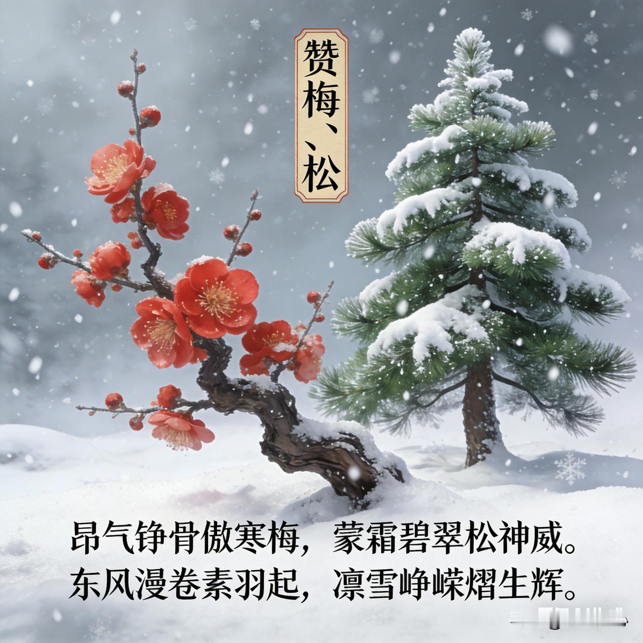 《赞梅、松》乐韵诗心原创诗词:
昂气铮骨傲寒梅，
蒙霜碧翠松神威。
东风漫卷素羽