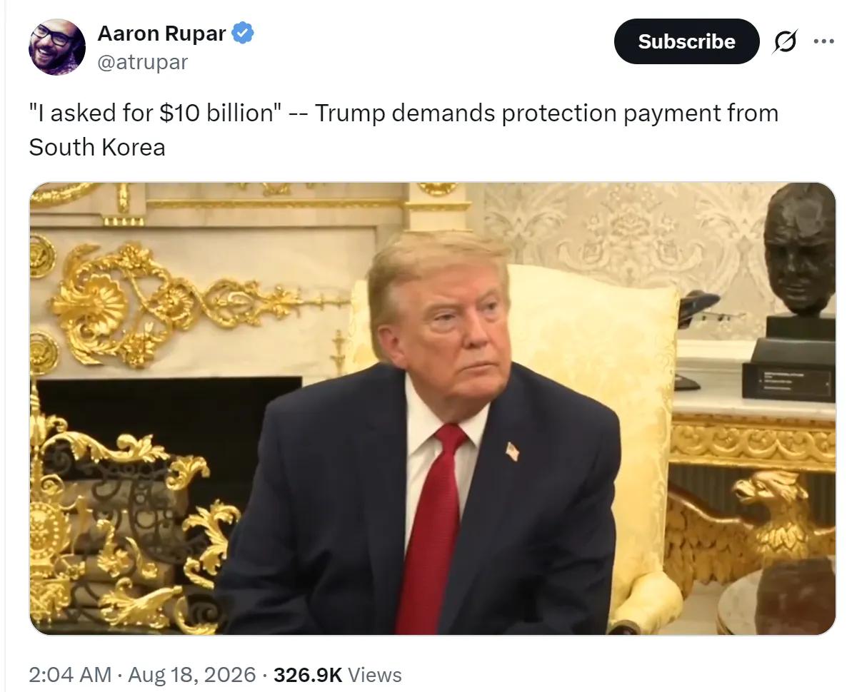 特朗普狮子大张口要韩国支付100亿美元的保护费。尽管韩国很不高兴但是也不得不选择