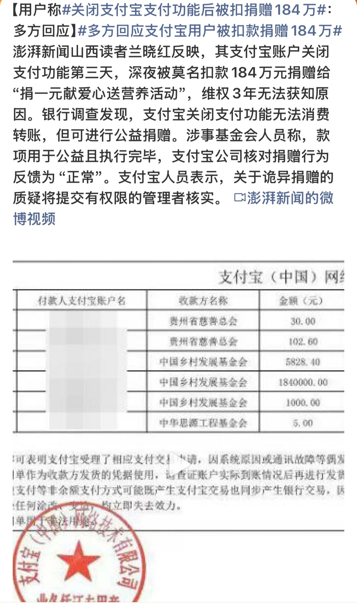 关闭支付宝支付功能后被扣捐赠184万多方回应支付宝用户被扣款捐赠184万特地看多