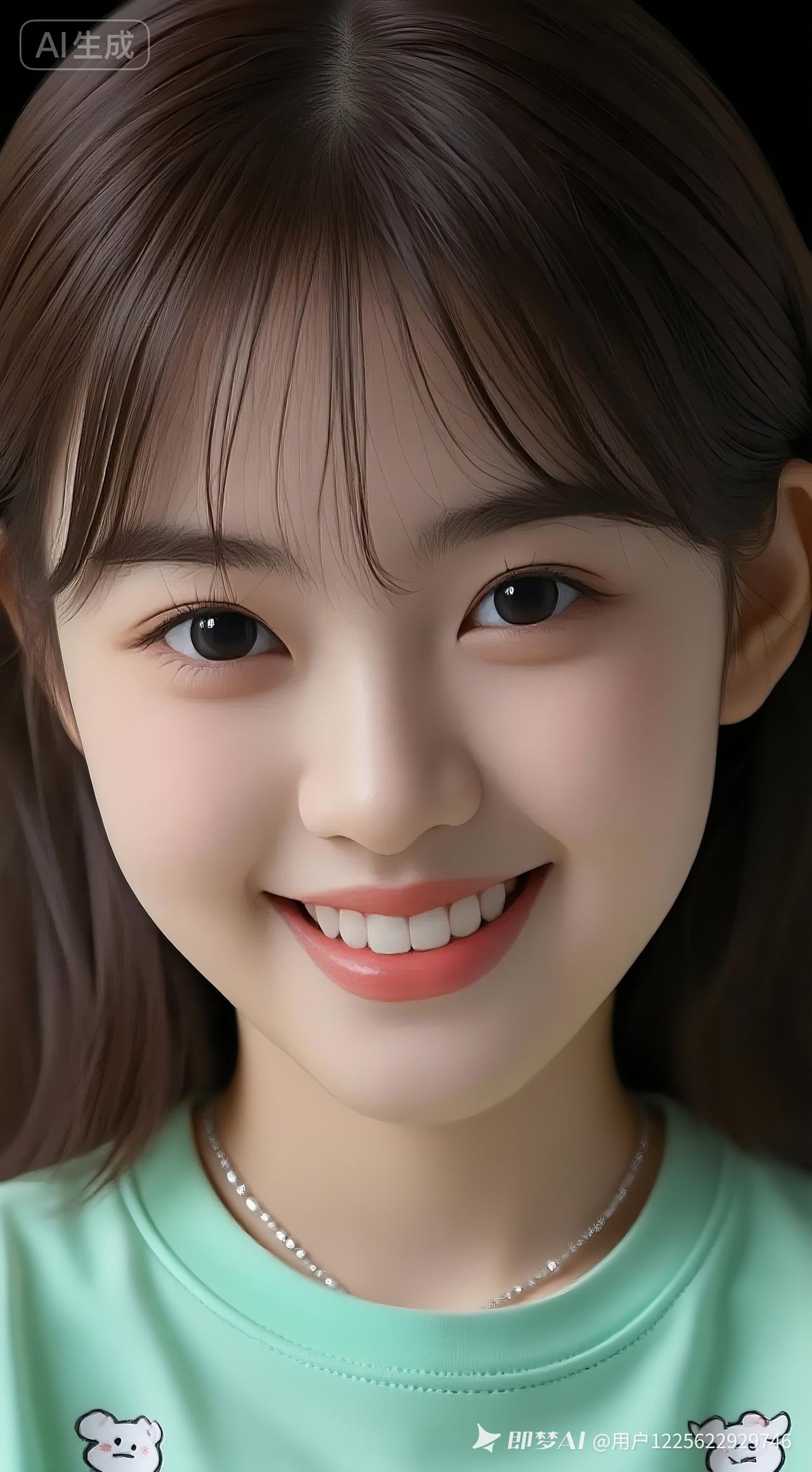 小美女深栗棕森系发丝泛光，瓷感白肌。着浅艳绿印花短T恤，配简约饰品，撇嘴娇俏楚楚