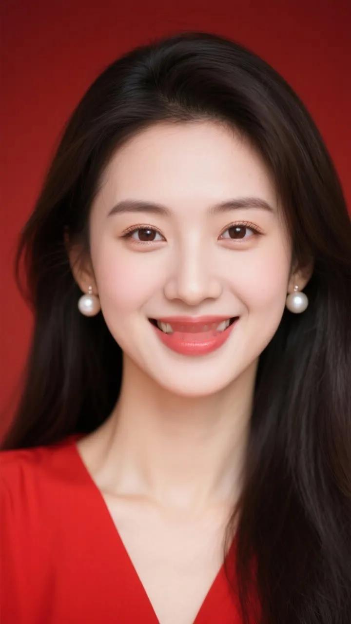 甜美笑容，红衣闪耀，珍珠耳环，优雅动人