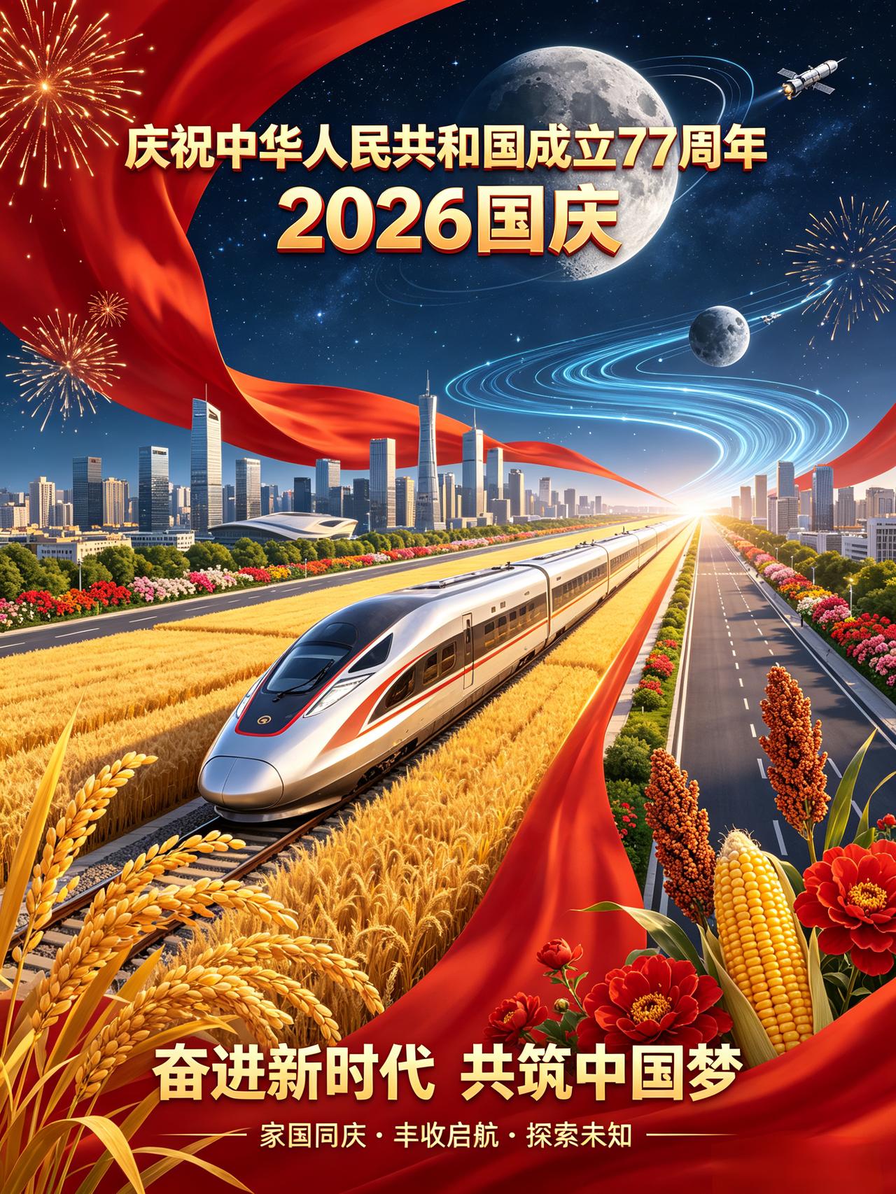 喜迎金秋贺华章，
红旗漫卷映八方。
百年砥砺山河壮，
华夏今朝展盛光。
 🇨?