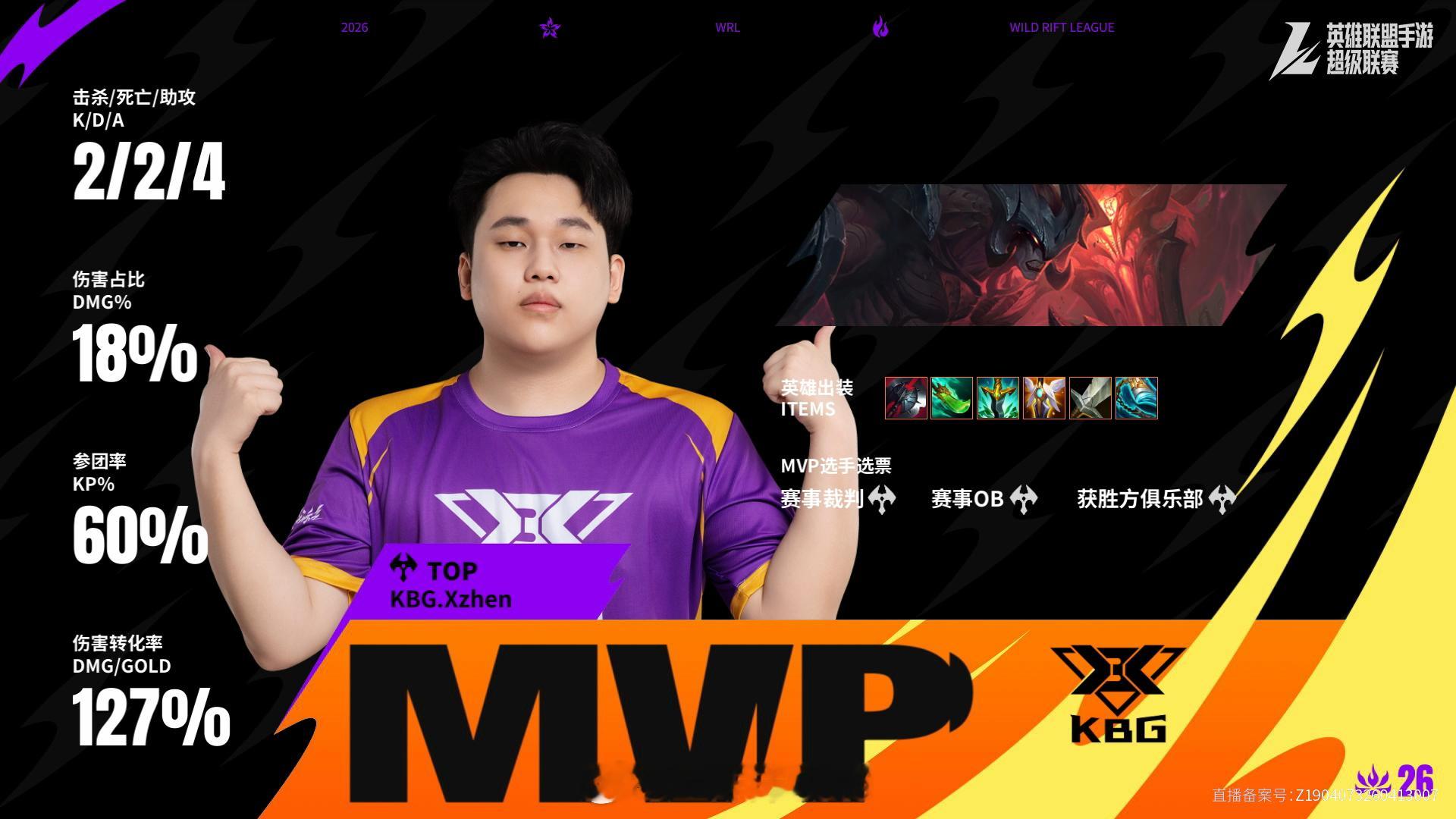 KBG对阵WBG第二场赛后数据，MVP2026WRL夏季赛英雄联盟手游赛事英雄联