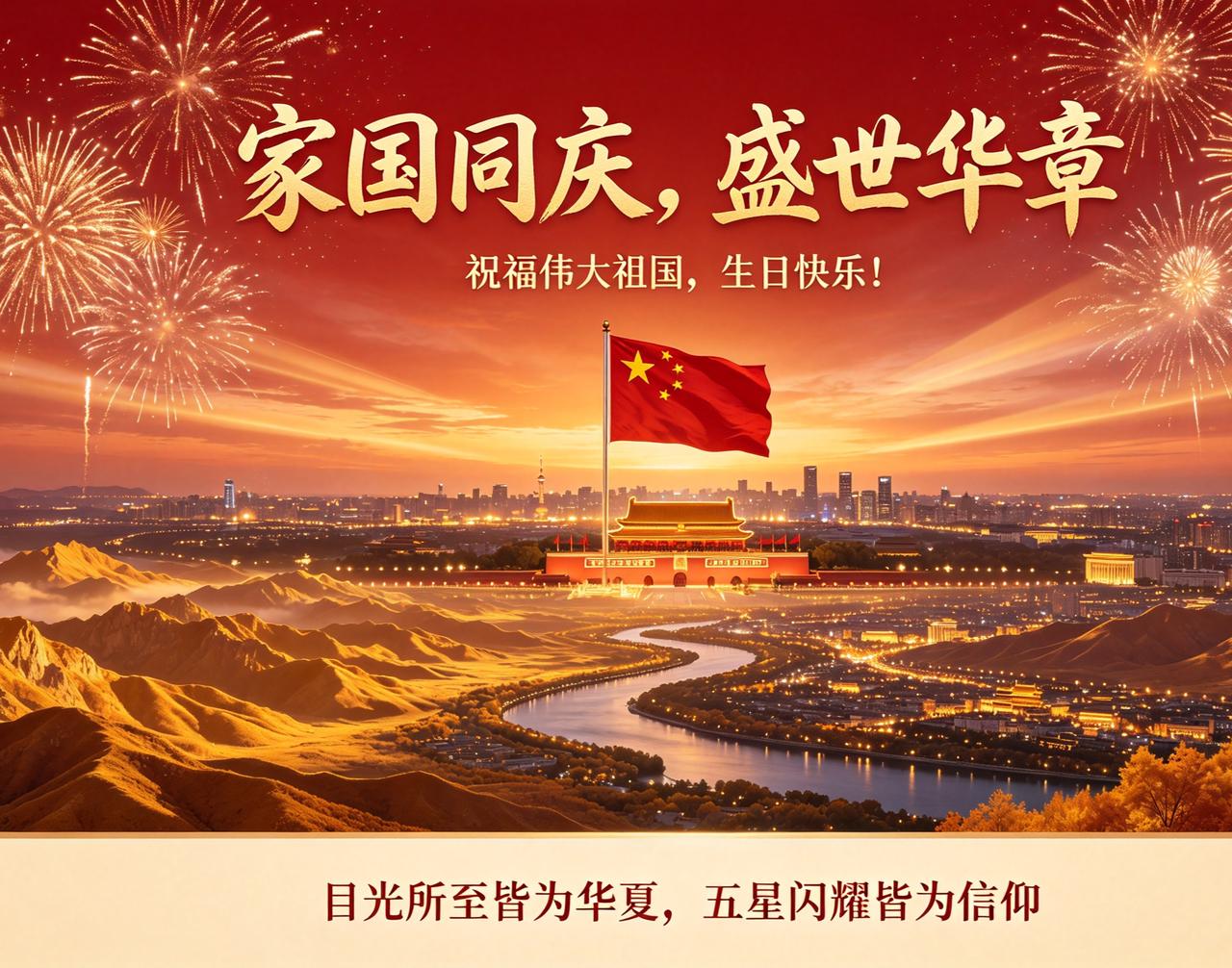 家国同庆，盛世华章

金秋十月，山河锦绣，五星红旗迎风飘扬。七十七载风雨兼程，祖