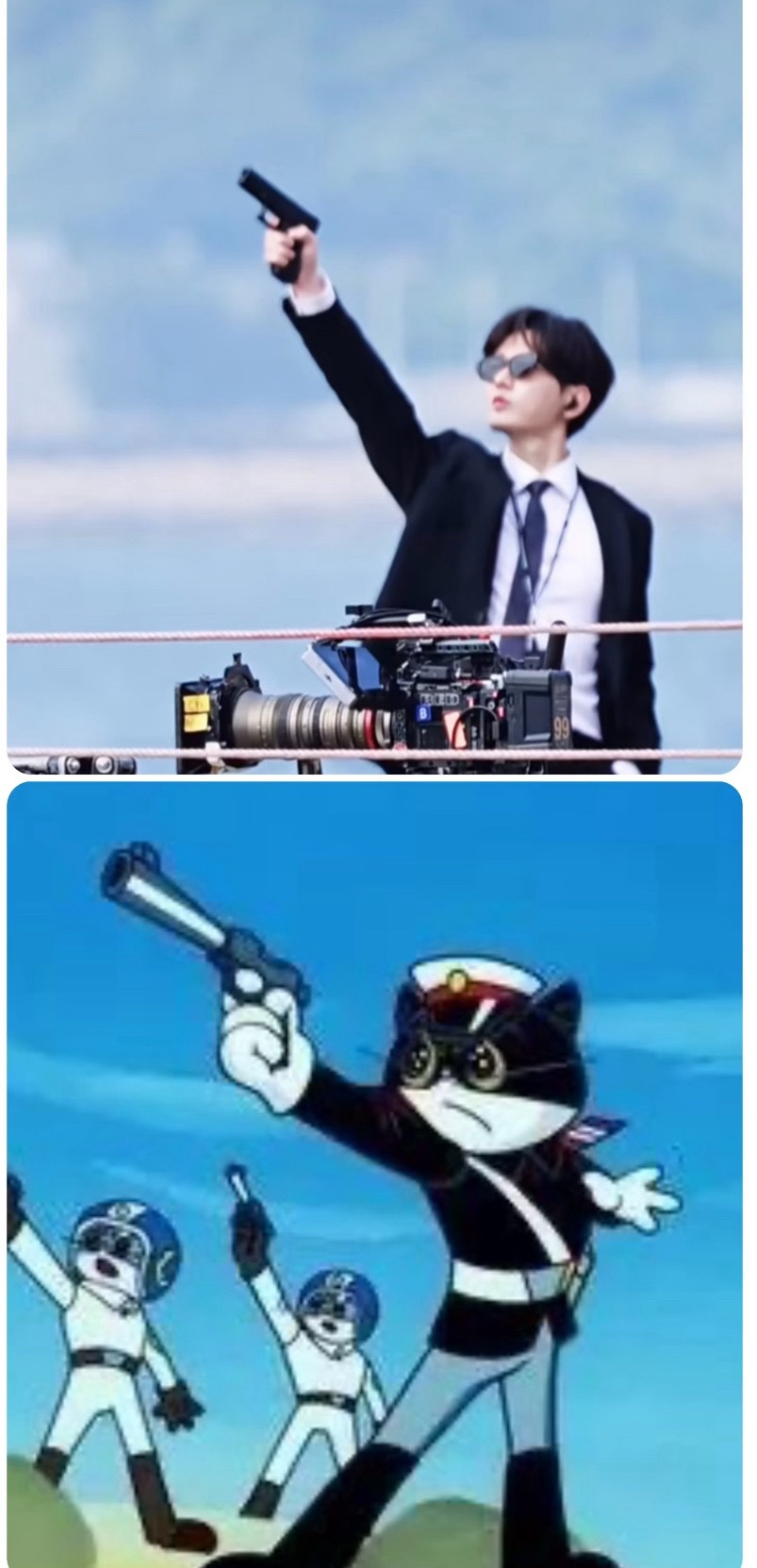 成毅林sir举枪造型真人版黑猫警长名场面上线😂西装墨镜，海边举枪，姿势复刻一模