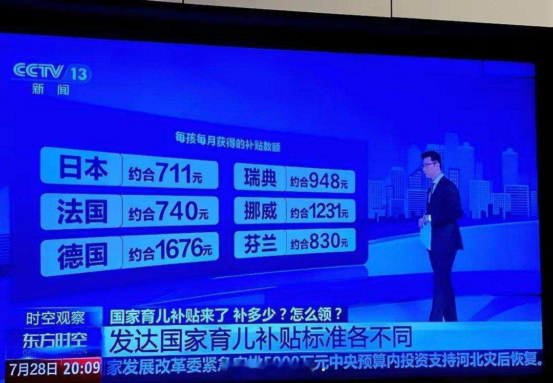 电视台给出日本、法国、德国的育儿补贴，日本每月711元，法国740元，相比起来，