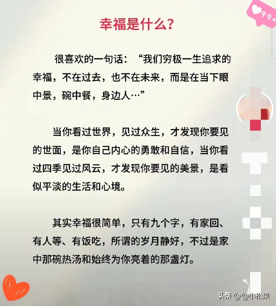 你能用一句简单话概括什么是幸福吗幸福就是：心里踏实，身边安稳，想要的都刚好在眼前