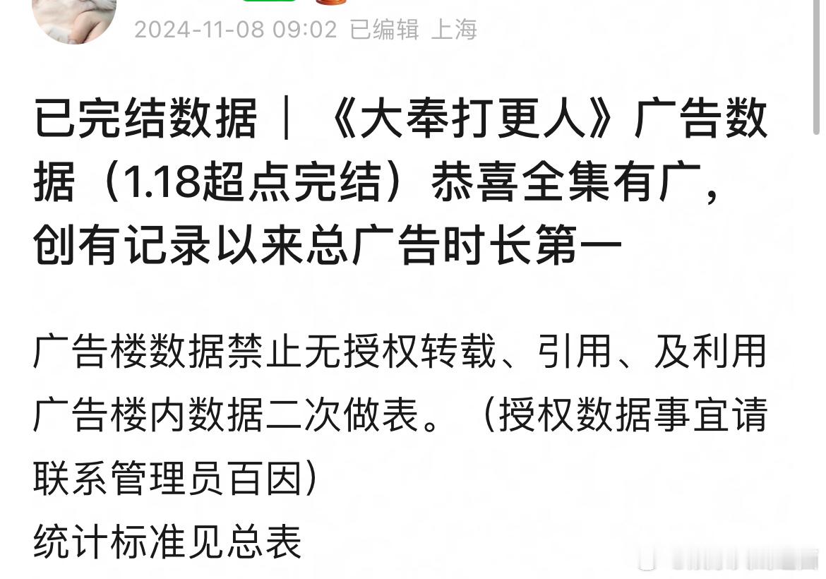 恭喜👏王鹤棣《大奉打更人》今晚超点全集有广，总广282个，总时长4311s，创