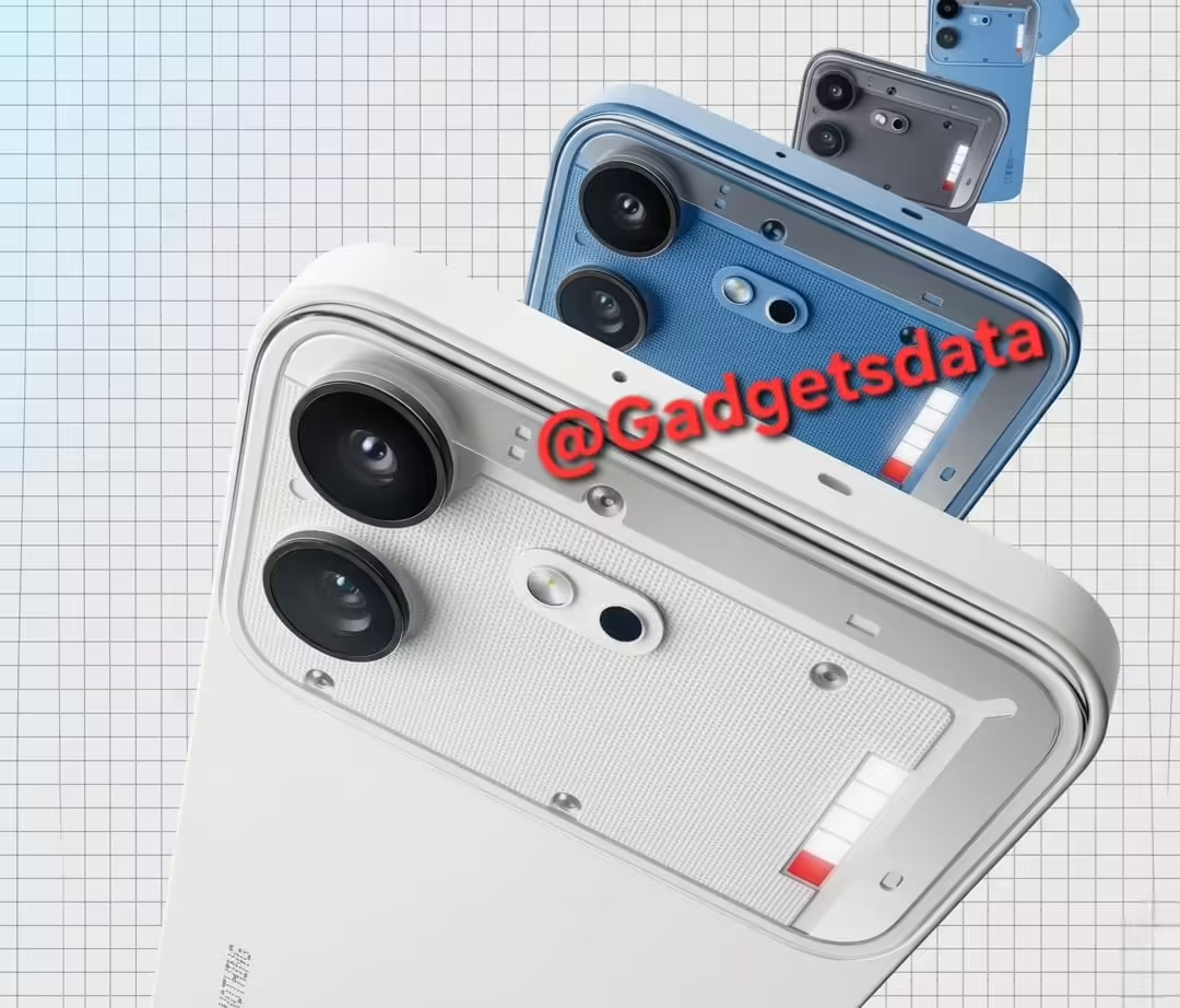 Nothing Phone (4b) 的渲染图，白、蓝、黑三个配色，那股子透明科