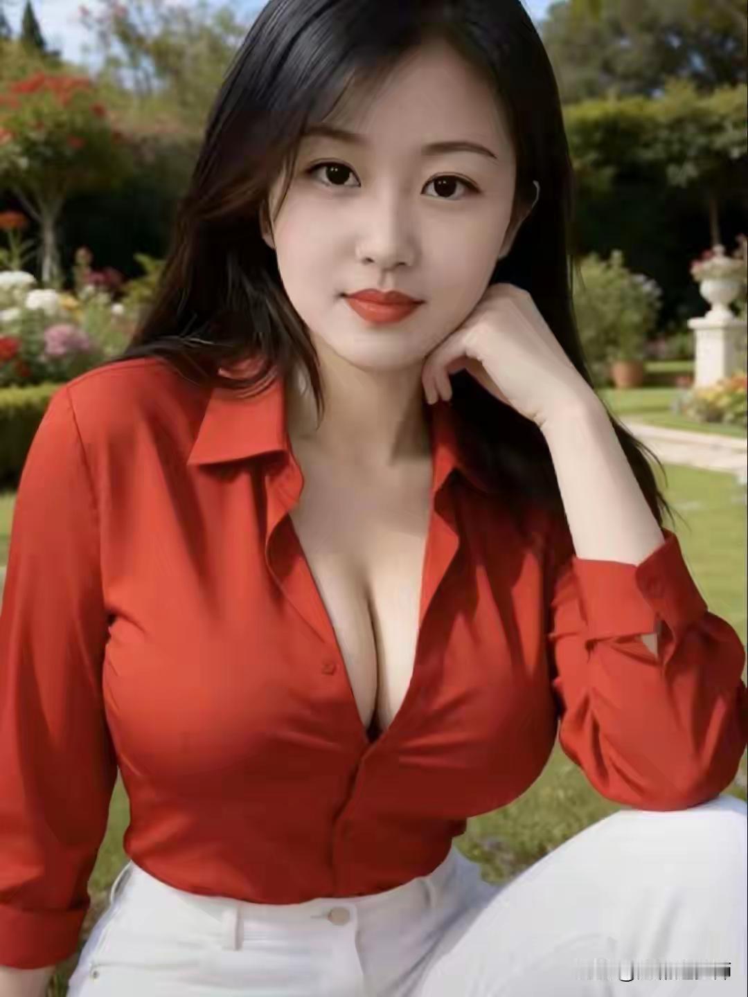 在花园里，她红衣白裤，宛如一朵盛开的玫瑰。