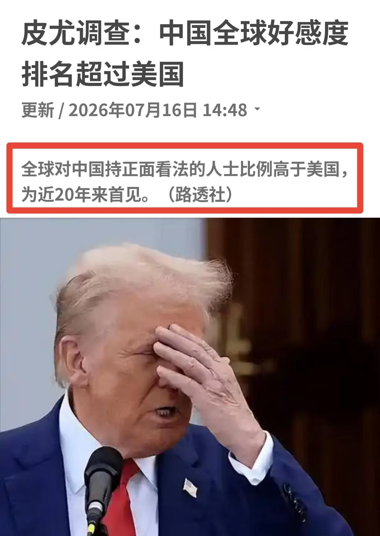 特朗普捂脸，不好意思见父老乡亲。

美国皮尤民调公司最新调查显示，中国在全球受欢