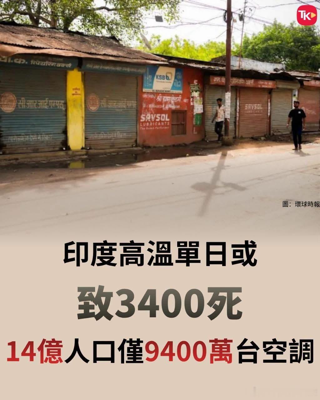 【印度高溫單日或致3400死 14億人口僅9400萬台空調】據環球時報消息，印度