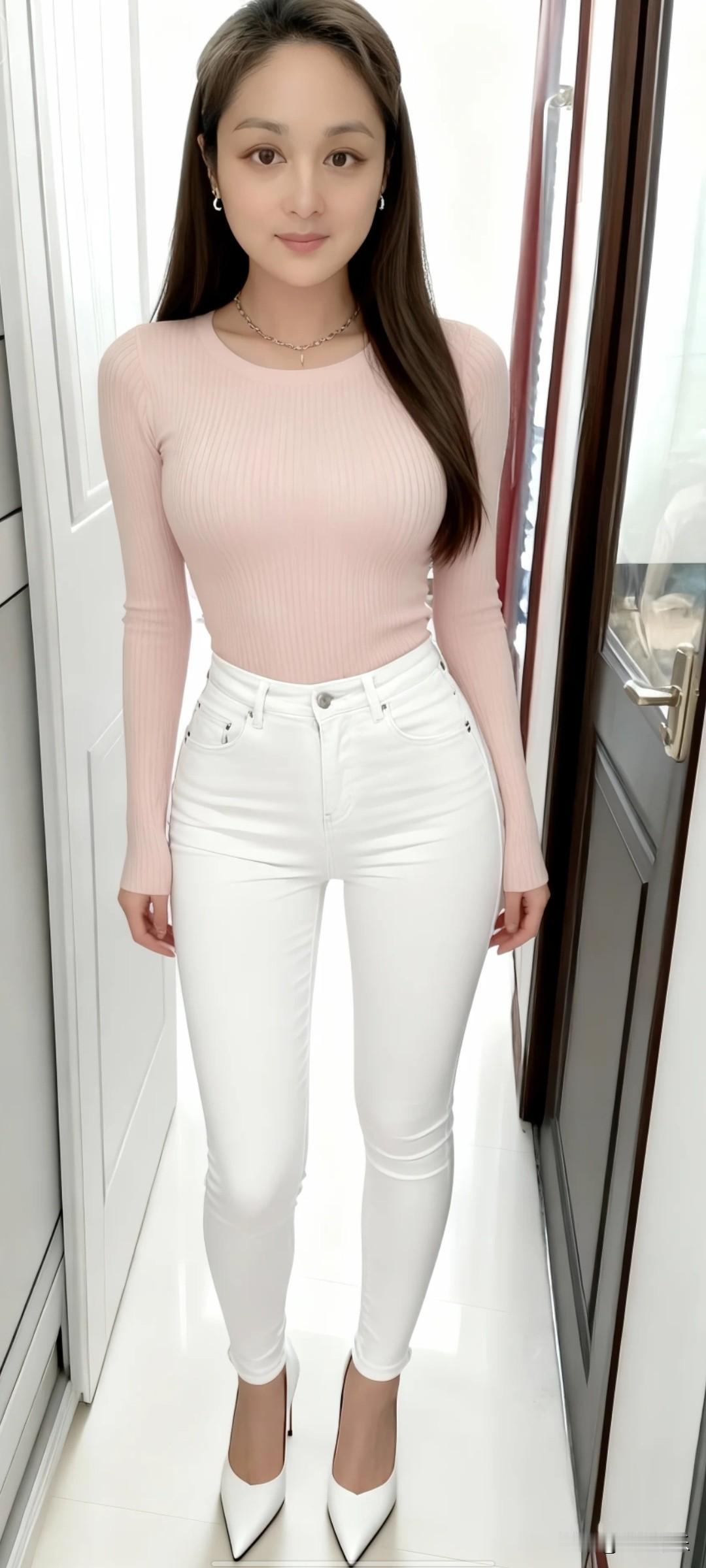 上衣：浅粉色修身长袖针织衫/紧身打底衫（贴合身形、柔和色系）
下装：白色高腰紧身