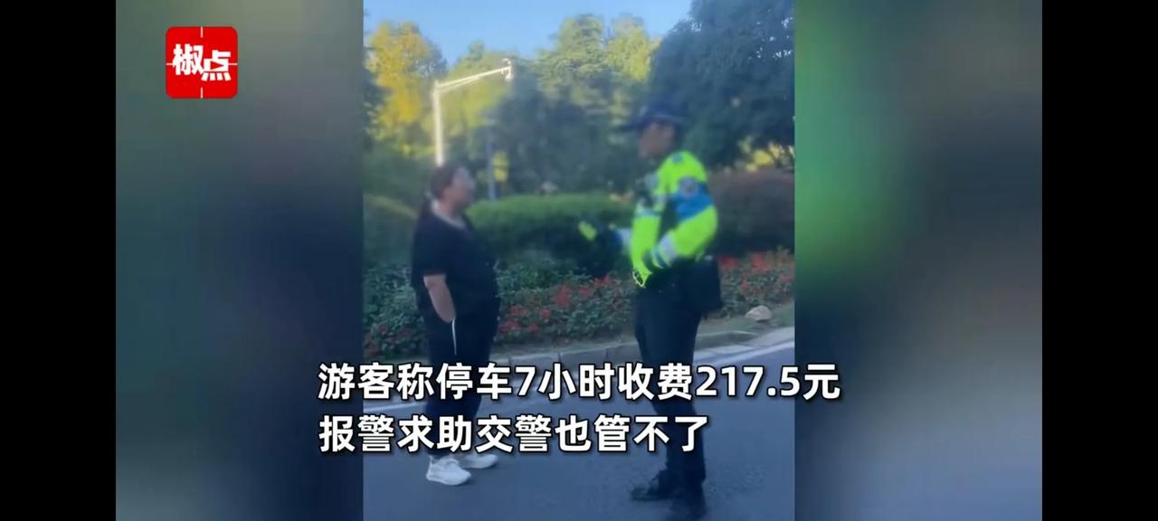 南京一游客在景点停车7小时被收费217.5元，她报警求助。她表示旁边5分钟处7小