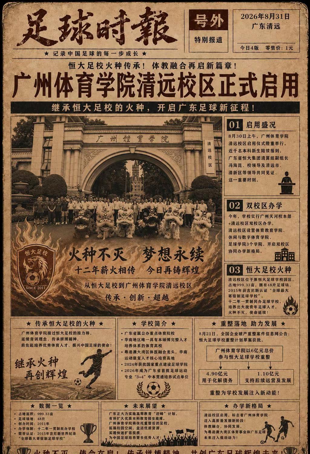 火种不灭使命延续。8月30日，广州体育学院清远校区正式启用！曾经的恒大足校，如今