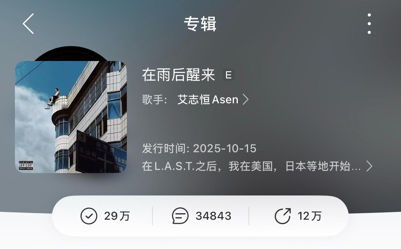目前中文说唱收藏量最高的三张专辑🔥你最爱听哪张？1.Asen《在雨后醒来》29