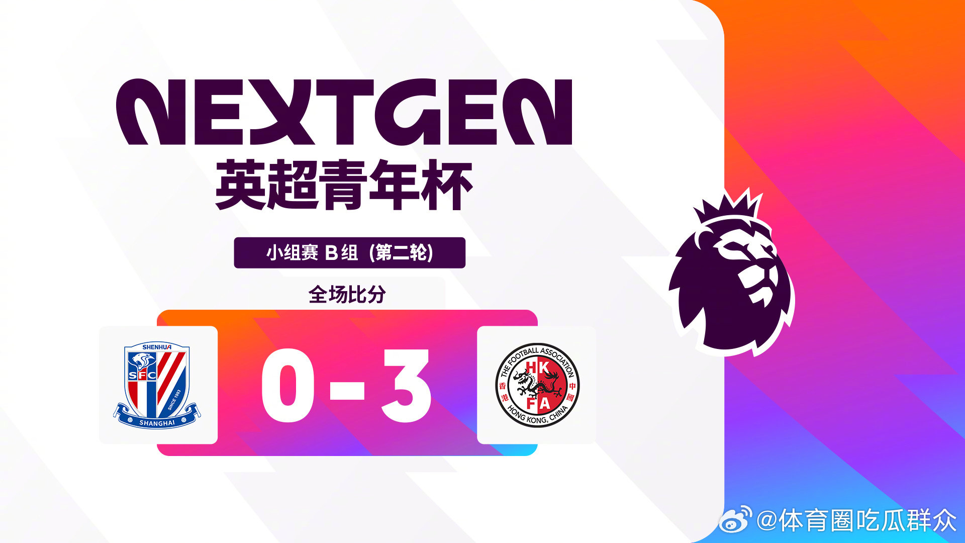 2026英超青年杯 B组第二轮战报：上海申花 0-3 中国香港精英队英超联赛  