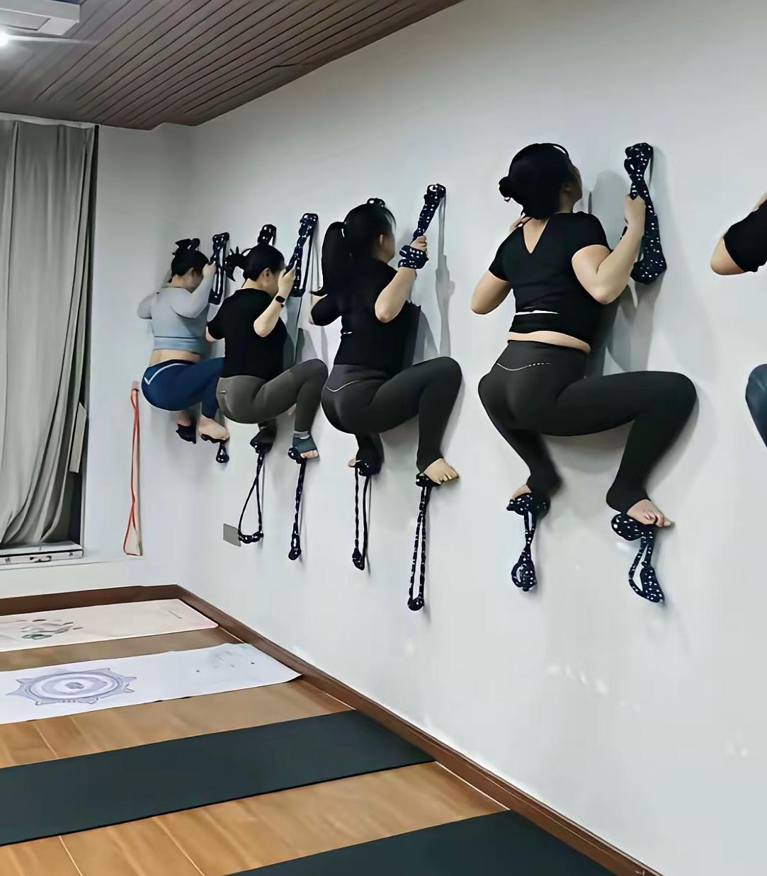 看到一幅图，我不禁觉得可笑。图中，一群女人吊在墙上，机械地一上一下做着升降动作。