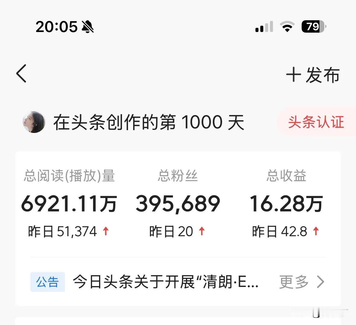 昨天是我来到头条满1000天的日子，收益为16.28万，折算成160块每天。这个