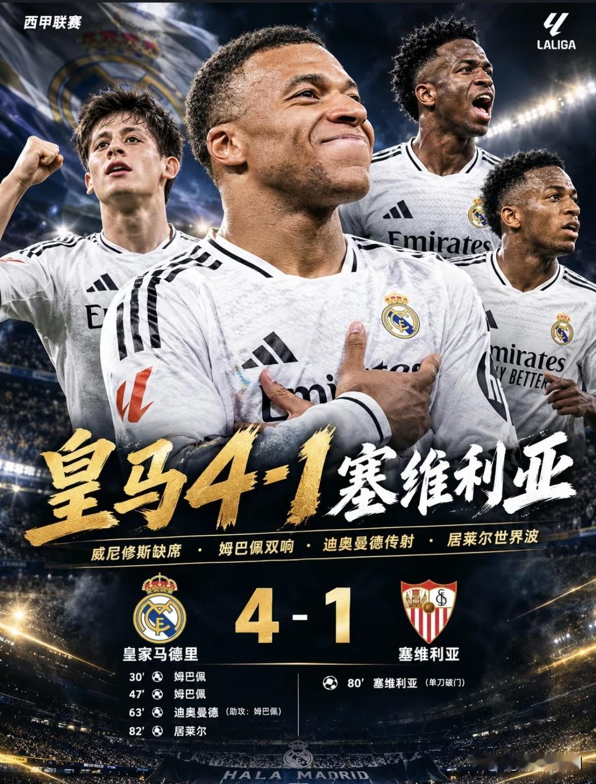 没有了维尼修斯，皇马踢出了赛季最佳？这是给巴萨看的吗？

皇马西甲第9轮主场，4