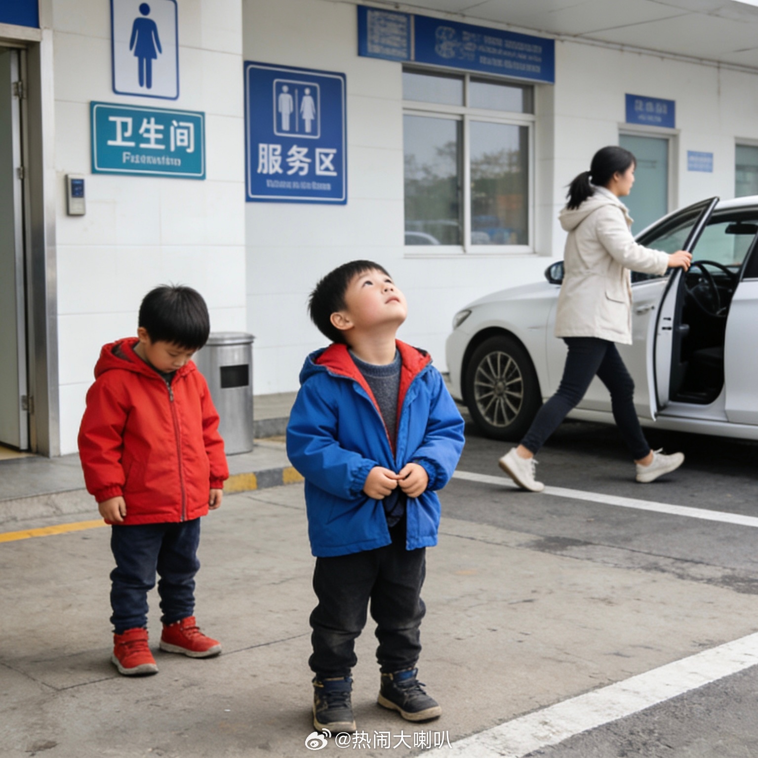 服务区上厕所遗忘俩娃女子开车就走开车时忘记了还可以理解，到了家下车才发现忘了娃娃