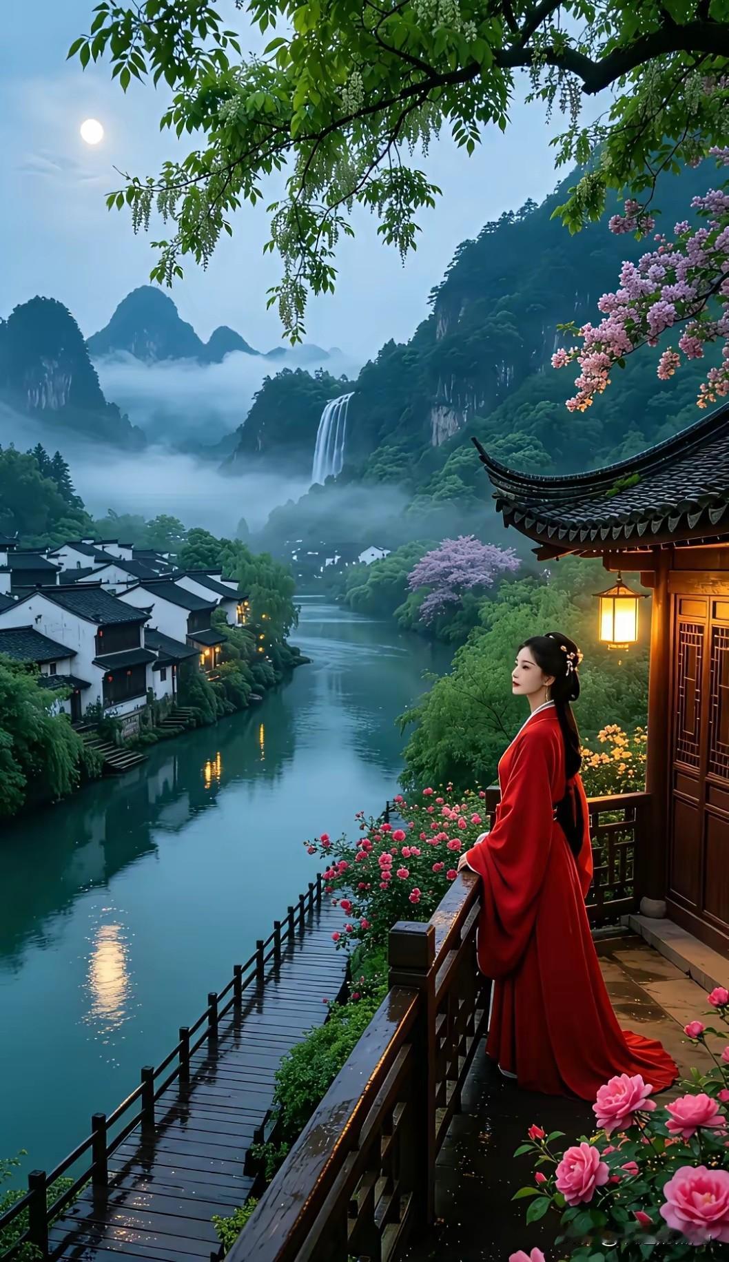 《暮阑盼归》

文/识途的黑马
 
暮色深沉锁峦城，
河岸房叠映清波。
才女静倚