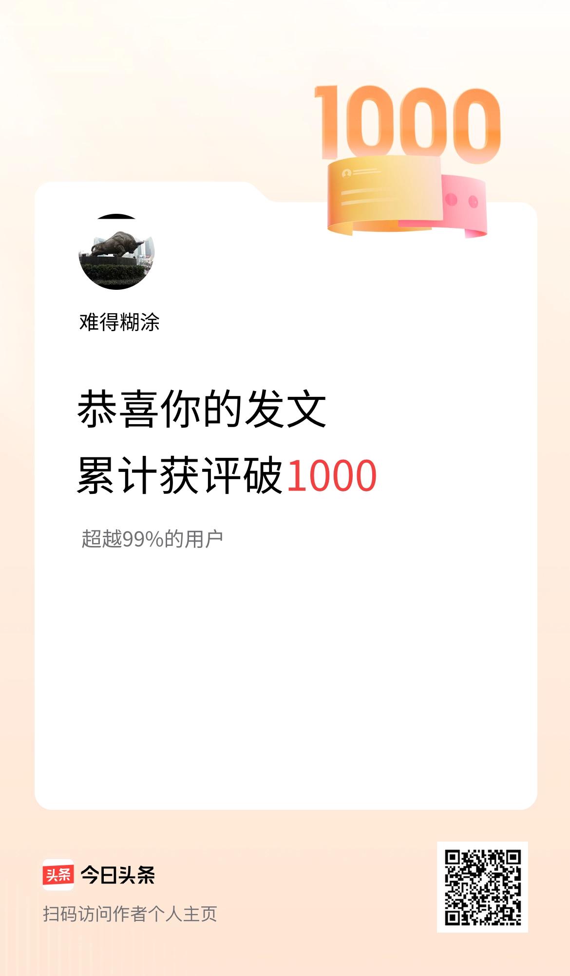 我在头条累计获评论量破1000啦！