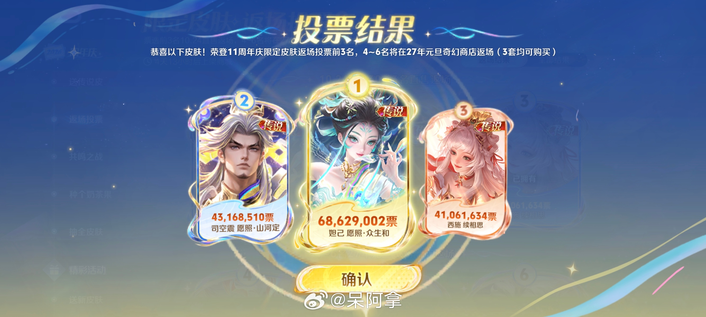 返场前三名出炉啦~456名会在元旦上奇幻商店，大家准备购入哪个?王者荣耀王者荣耀