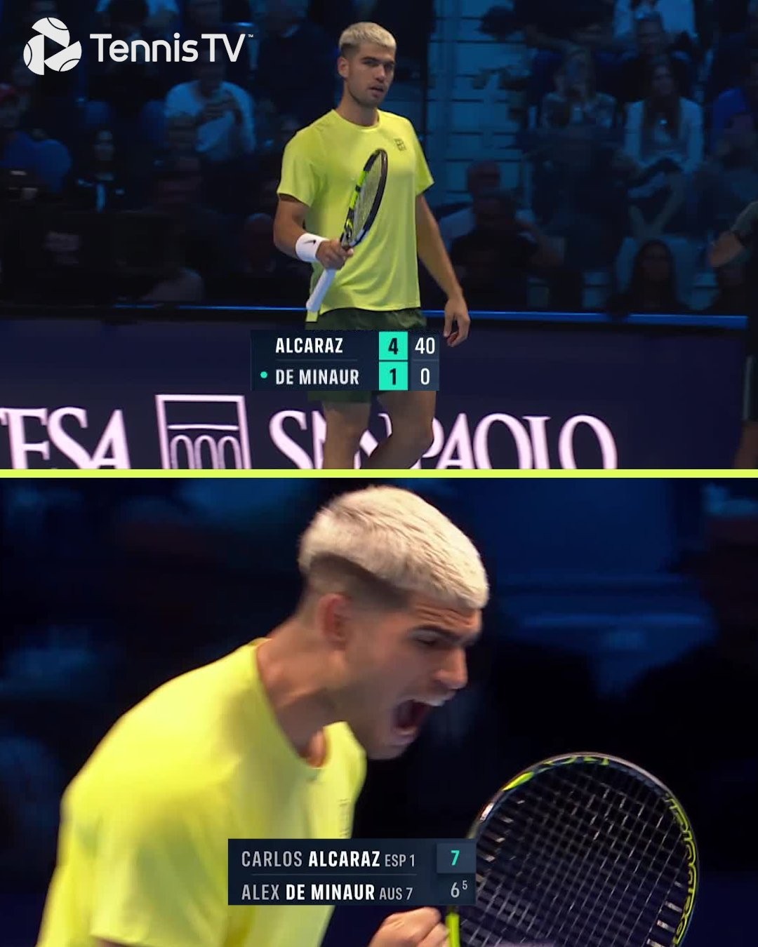 阿尔卡拉斯7-6、6-2击败德米纳尔，取得总决赛开门红，双方H2H变成5-0！阿