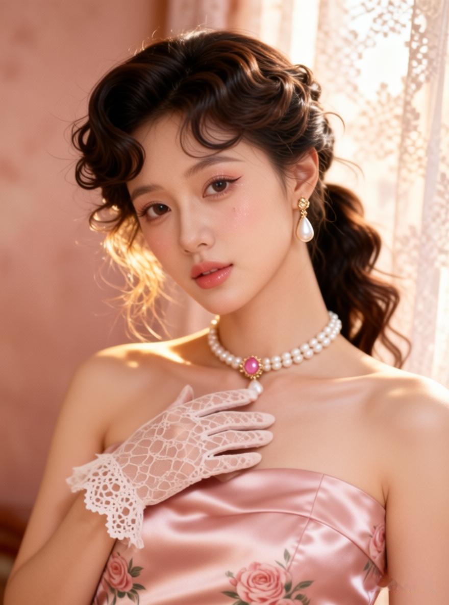 温柔优雅的复古风，珍珠项链与蕾丝手套的完美搭配，尽显优雅气质。